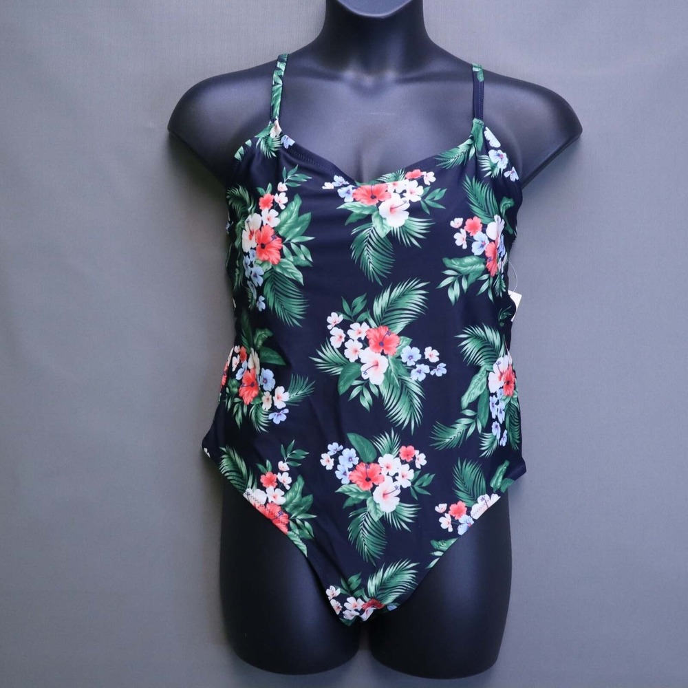 NWT Old Navy Women 2X Tropical Hibiscus One Piece Swimsuit Navy Blue Floral Plus